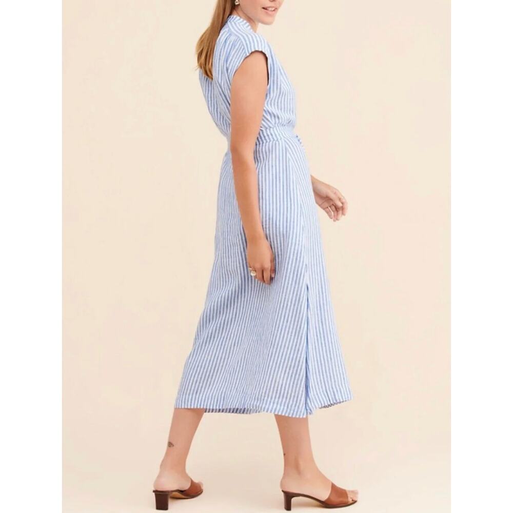 AYR Linen Sunset Midi Dress S Blue White Stripe Coastal Travel Resort Luxury - Picture 8 of 9